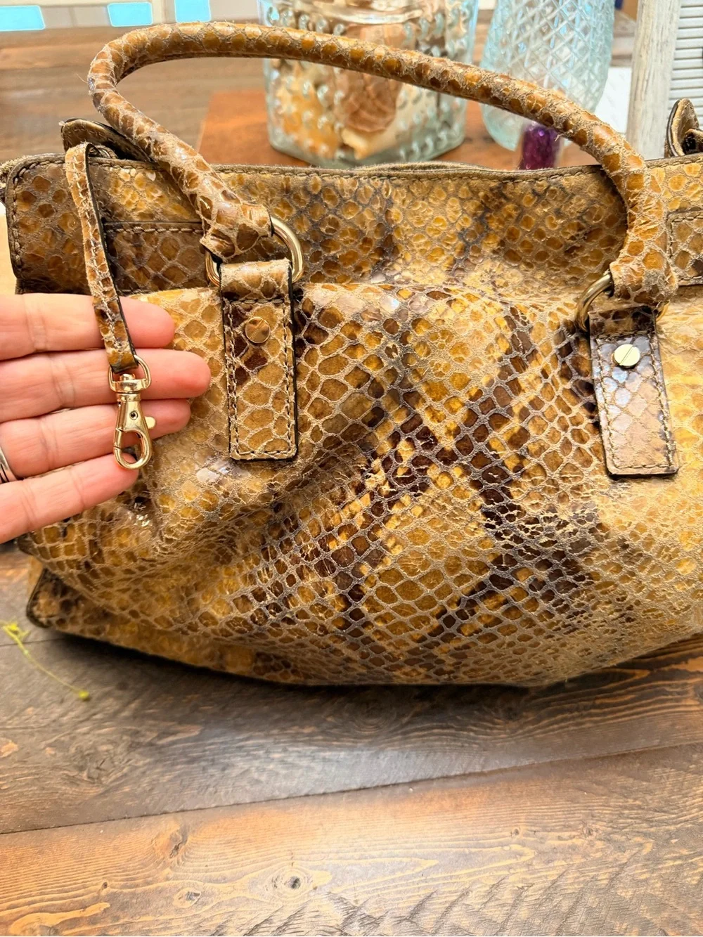 Michael Kors Hamilton satchel Snake Leather Brown Purse GUC 2 charm + key chain